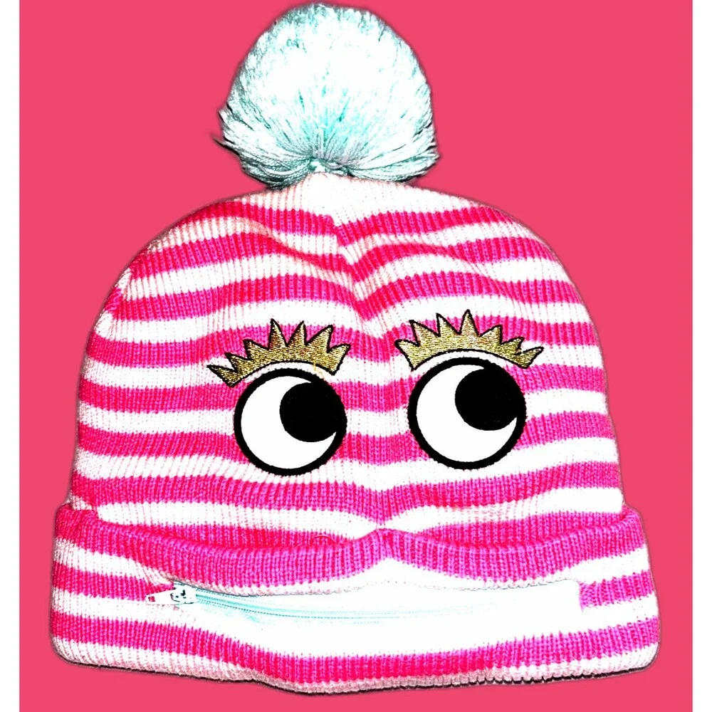 Girl’s Pink and White Striped Beanie with Face Graphic and Zippered Mouth